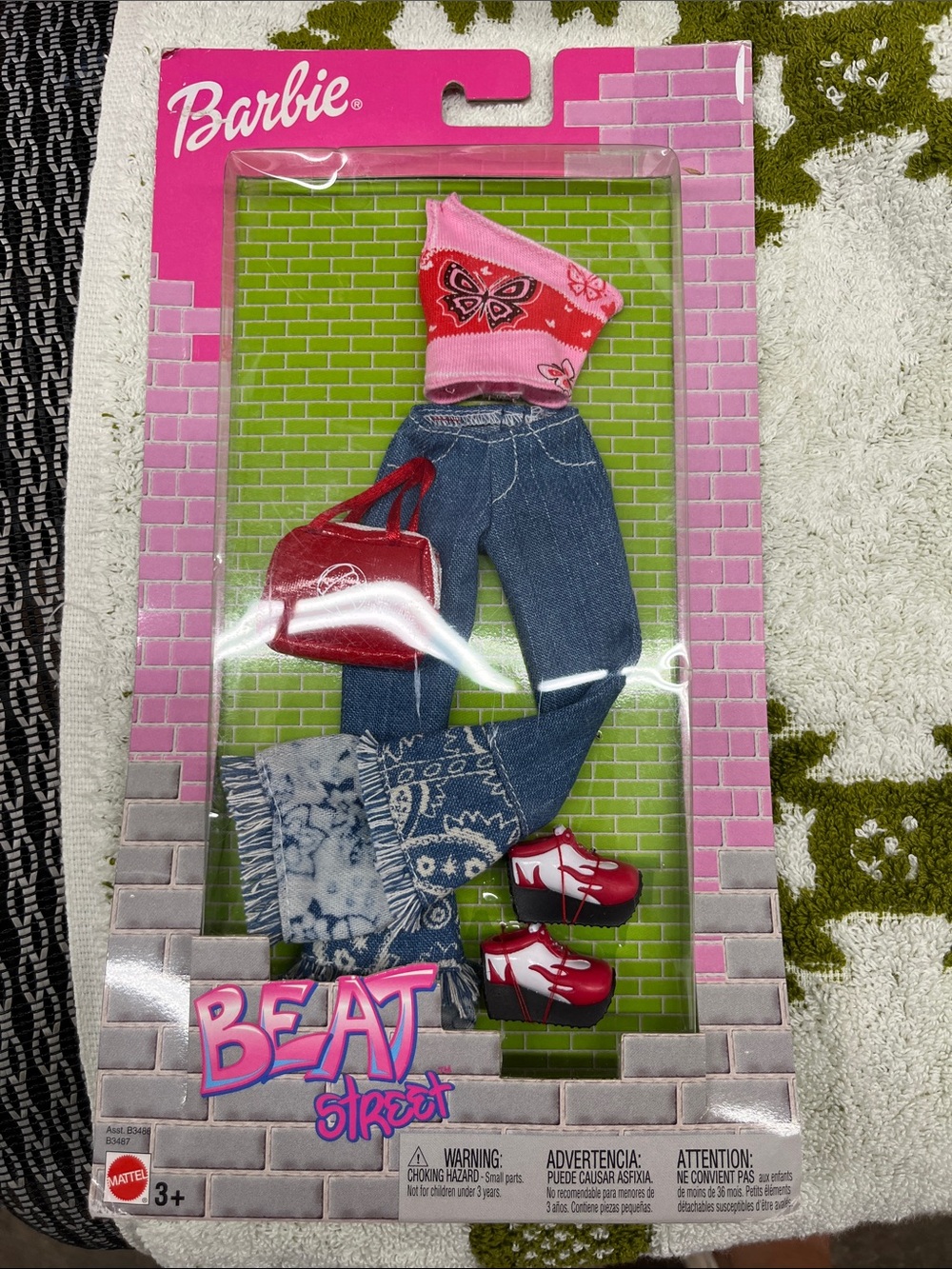 Barbie Pink Bandana Crop Top, Denim Flare Jeans & Red Handbag Set